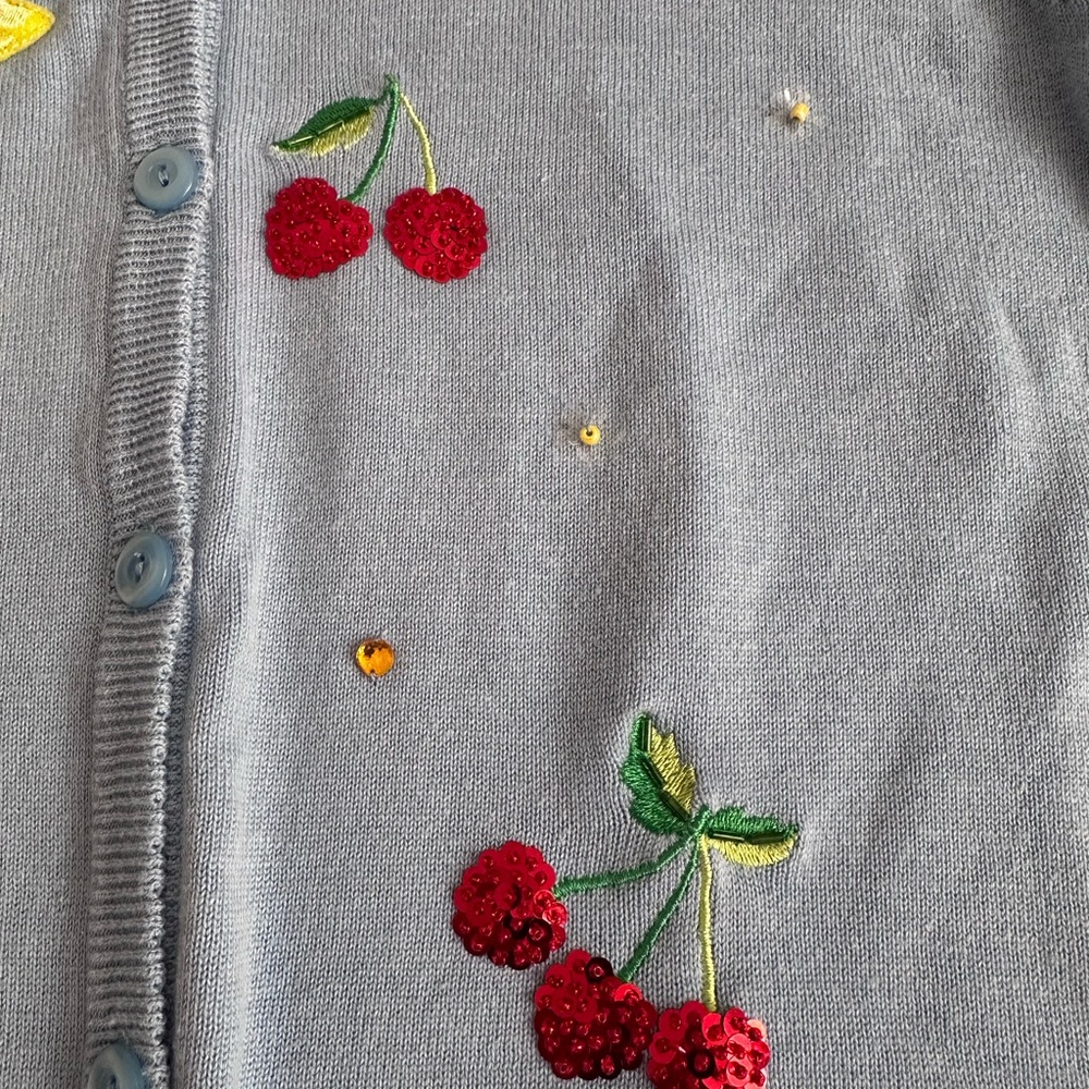 Quacker Factory Fruit Embroidered Cardigan XXS Blue Sequin Lemon Strawberry - Picture 3 of 8
